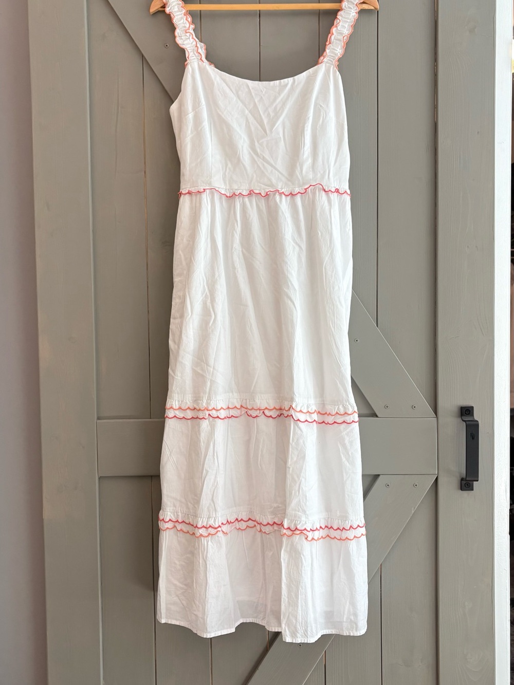 J. Crew White Maxi Dress with Pink Scalloped Trim